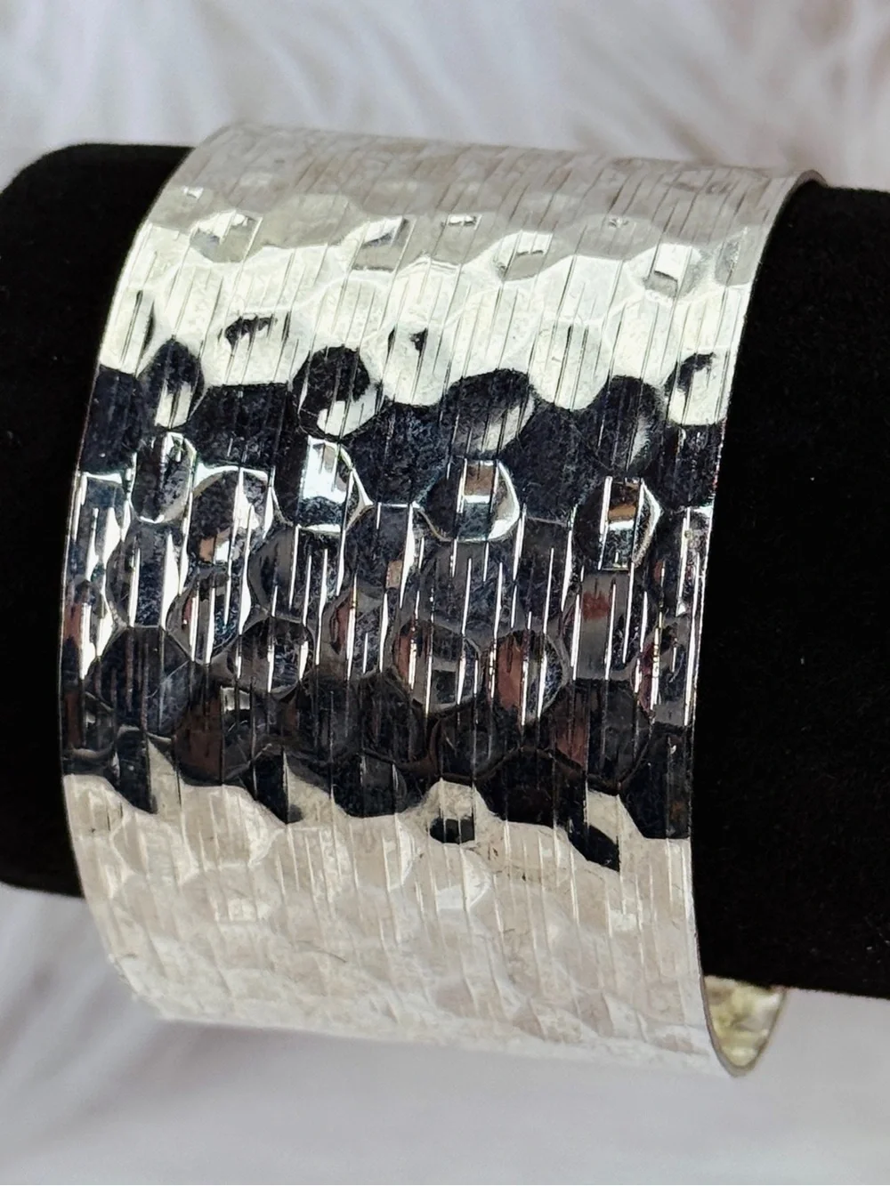 Wide Silver Cuff Bracelet Hammered Textured Reflective Statement Open Bangle